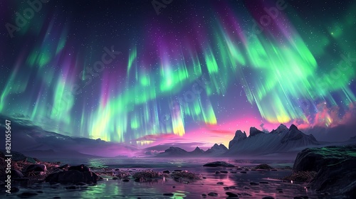 Astronomy Background  Northern lights dancing across a starry night sky  with vibrant green and purple hues illuminating the scene  ideal for atmospheric and nature-related themes. Illustration image 