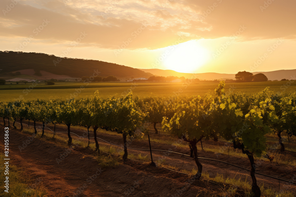 Fototapeta premium Golden Sunset Over Lush Vineyard Landscape
