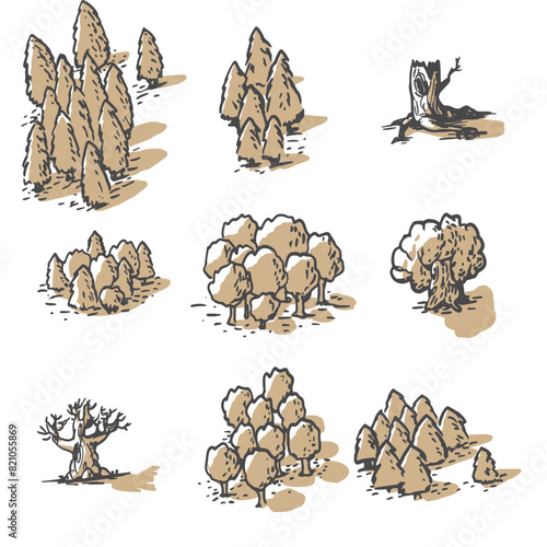 Set of trees asset for old map. Fantasy landscape elements illustration, drawing, engraving, ink, line art, vector. Collection willow, bush, dry tree