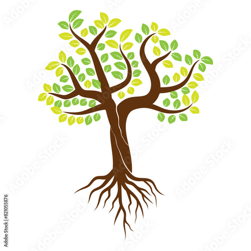 Abstract tree with roots and colorful leaves logo. Isolated on white background. Vector illustration.