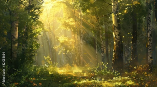 Beautiful forest panorama with bright sun shining through the trees