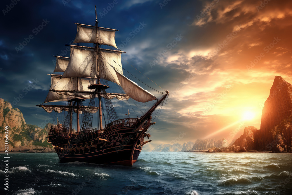 Fototapeta premium Majestic Sailing Ship Riding the Sunset Seascape