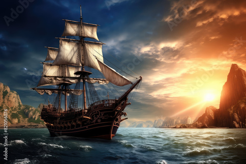 Majestic Sailing Ship Riding the Sunset Seascape