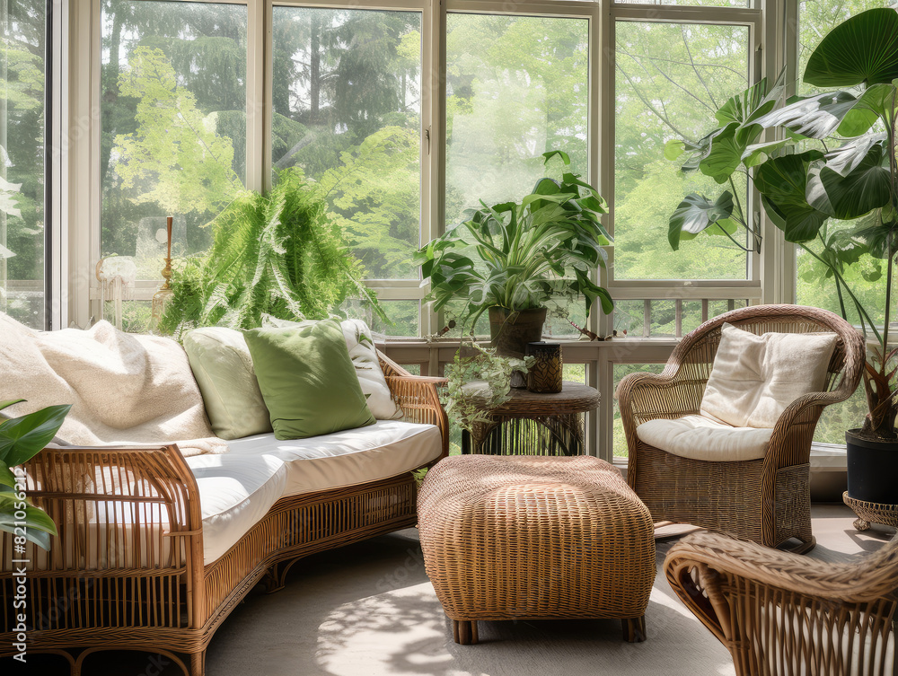 Cozy Sunroom Interior with Lush Greenery and Natural Light