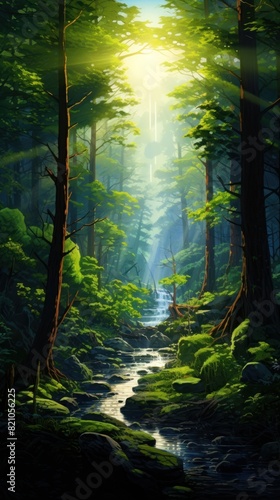 Beautiful forest panorama with bright sun shining through the trees