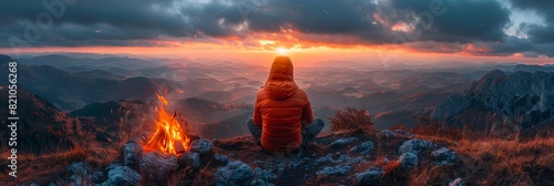 Man Enjoying Serene Mountain Sunset by Campfire Generative AI