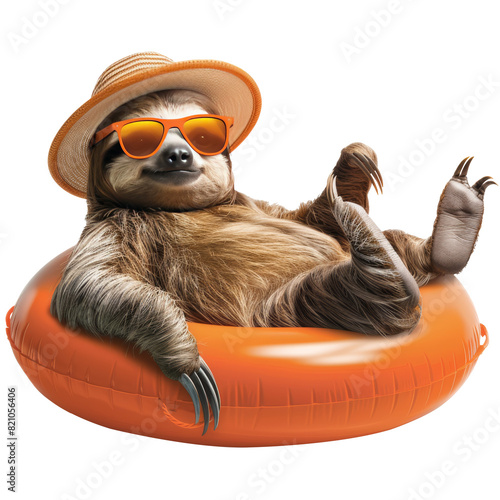Sloth relaxing on a pool float, while wearing orange sunglasses and beach hat, transparent background