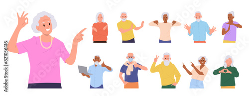 Old people cartoon character gesturing and expressing positive and negative emotion isolated set