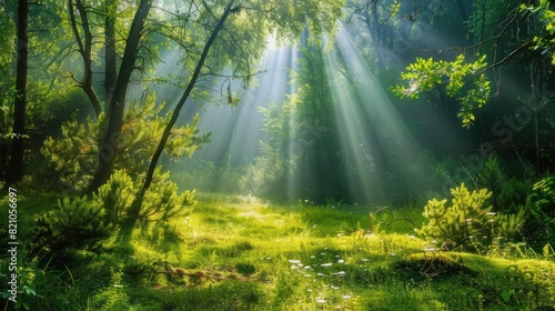 Beautiful forest panorama with bright sun shining through the trees