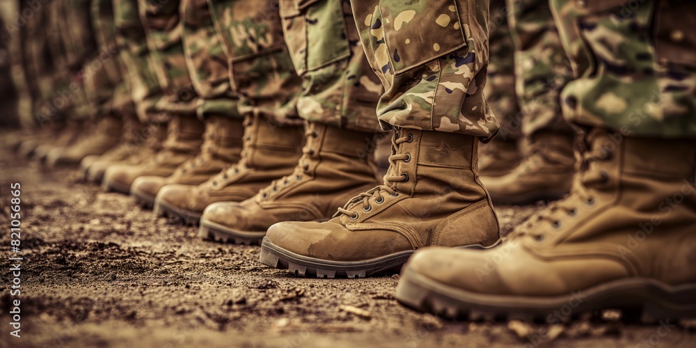 A row of soldiers standing in uniform with focus on their boots Portrays order and unity A row of soldiers standing in uniform with focus on their boots Portrays order and unity