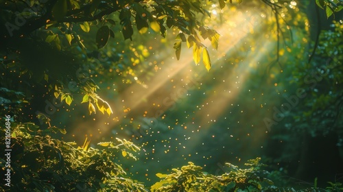 Beautiful forest panorama with bright sun shining through the trees