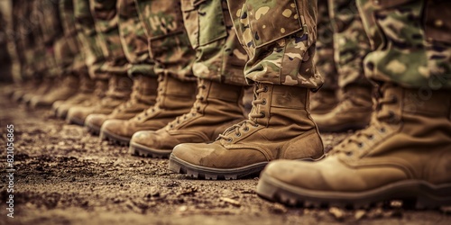 A row of soldiers standing in uniform with focus on their boots Portrays order and unity photo