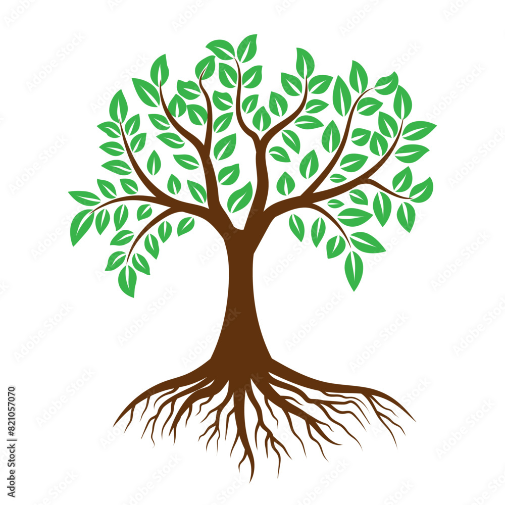 Fototapeta premium Abstract tree with roots and colorful leaves logo. Isolated on white background. Vector illustration.