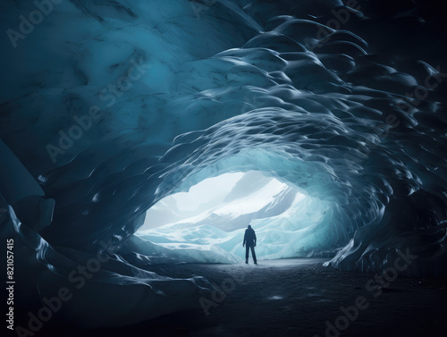 Explorer in the Heart of a Majestic Ice Cave