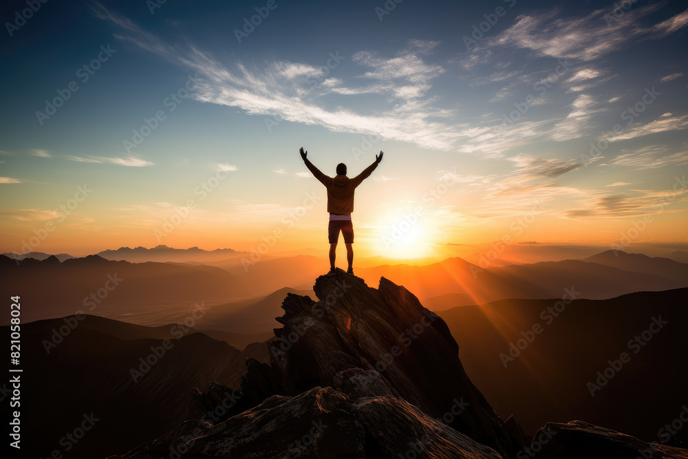 Triumphant Hiker Celebrates at Sunset on Mountain Peak Triumphant Hiker Celebrates at Sunset on Mountain Peak