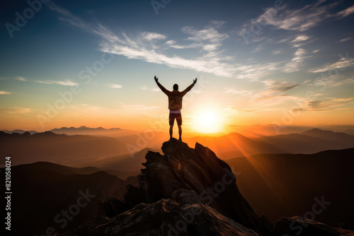 Triumphant Hiker Celebrates at Sunset on Mountain Peak