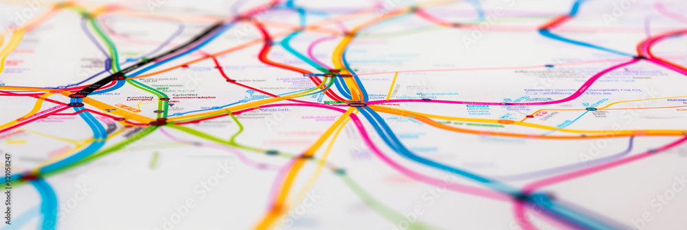 Fototapeta premium Selective focus image of a colorful and intricate subway system map with station names