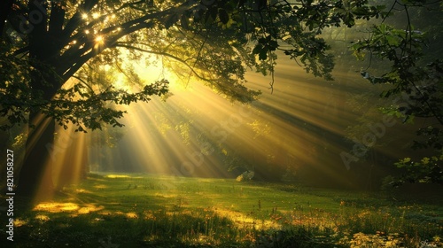 Beautiful forest panorama with bright sun shining through the trees