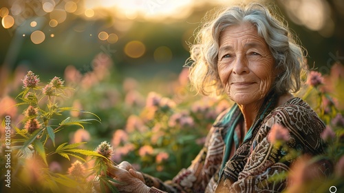 a smiling elderly woman showing her personal medical cannabis production use of cbd in senior health to reduce rheumatism and pain for a happy sunset of life.illustration