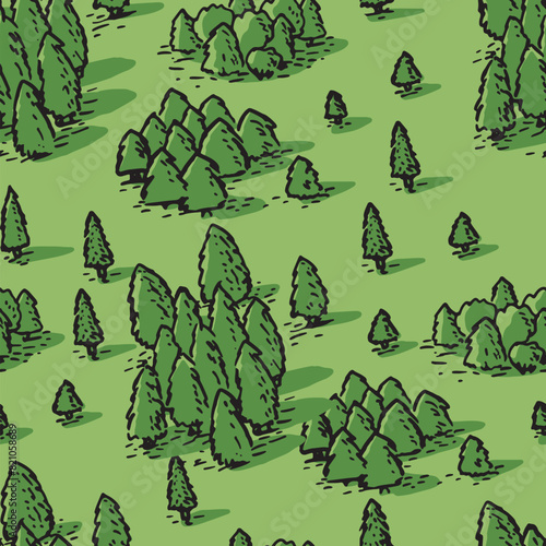 Seamless pattern of map. Hand drawn green forest top view. Park view from above. Background with trees aerial POV. Good for web print and wallpaper