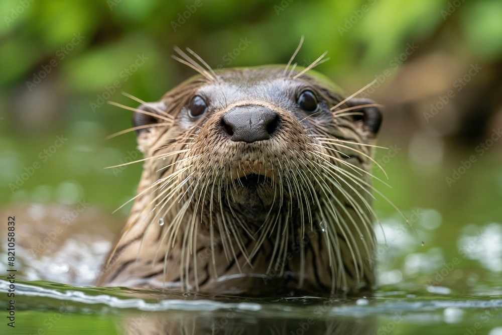 A close-up portrait of an otter swimming in a river, looking towards the camera. Horizontal. Space for copy. A close-up portrait of an otter swimming in a river, looking towards the camera. Horizontal. Space for copy.