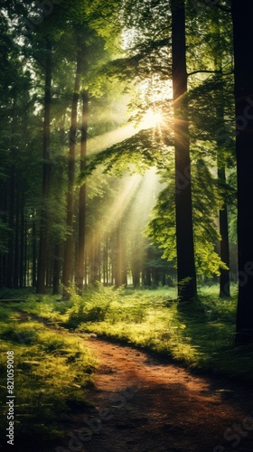 Beautiful forest panorama with bright sun shining through the trees