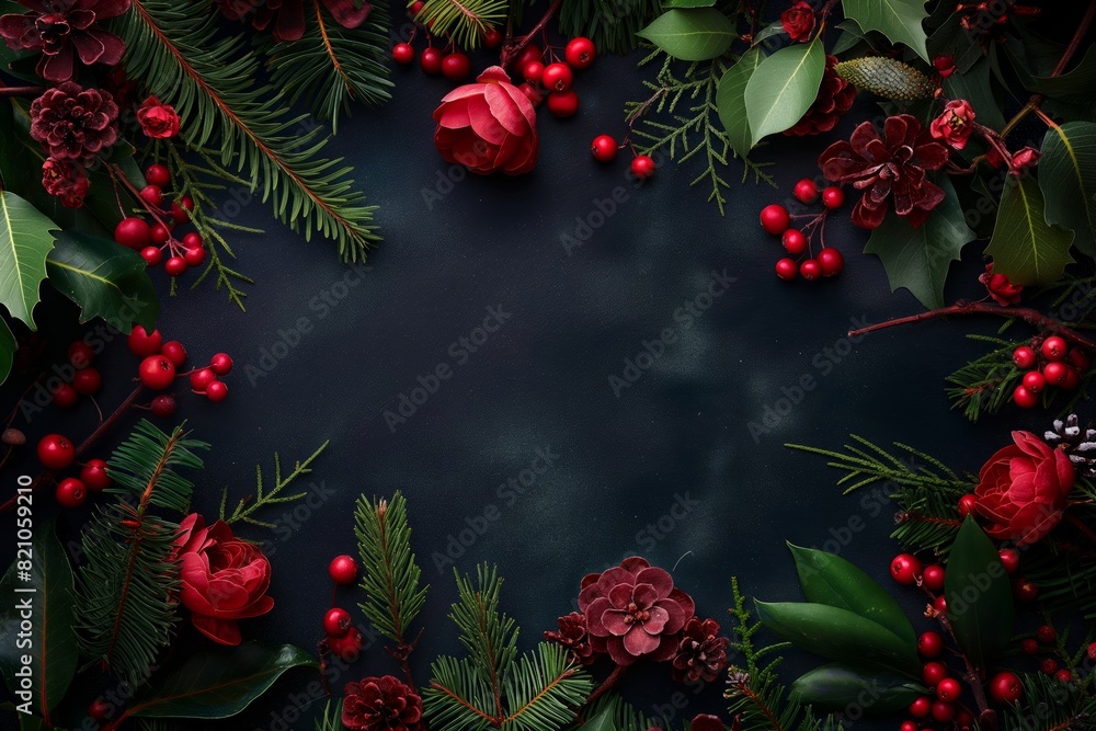 a christmas background with red flowers and berries on a dark background, christmas concept, copy space, flat lay, top view a christmas background with red flowers and berries on a dark background, christmas concept, copy space, flat lay, top view