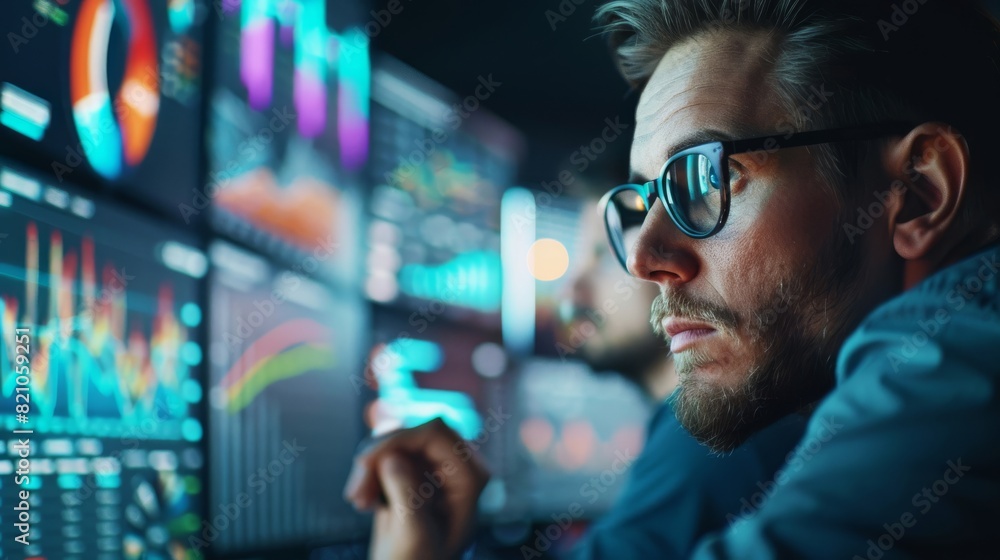 A man wearing glasses is focused on analyzing data on a computer screen A man wearing glasses is focused on analyzing data on a computer screen