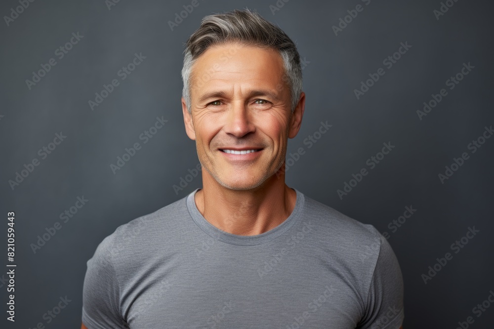 Portrait of a cheerful man in his 50s smiling at the camera isolated on minimalist or empty room background Portrait of a cheerful man in his 50s smiling at the camera isolated on minimalist or empty room background