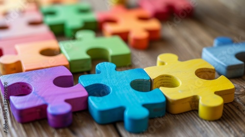 Close-up of colorful wooden puzzle pieces scattered on a rustic wooden table, representing creativity, problem-solving, and teamwork.