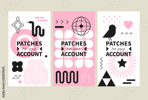 Minimalistic patches for your account- set of vector template illustrations on white and pink background with place for info. Three vertical posters of high quality for business. Silhouettes and icons