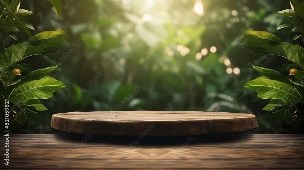 Wooden stage in garden, serene nature, close up, focus on the platform, theme of tranquility, ethereal, Overlay, backdrop of sunlit greenery