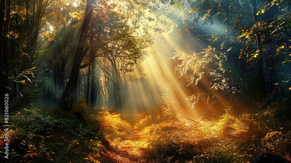 Beautiful forest panorama with bright sun shining through the trees