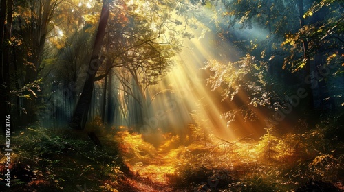 Beautiful forest panorama with bright sun shining through the trees