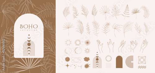 Set of geometric boho design elements icons and symbols. Simple shapes forms and frames inspired retro cosmic style