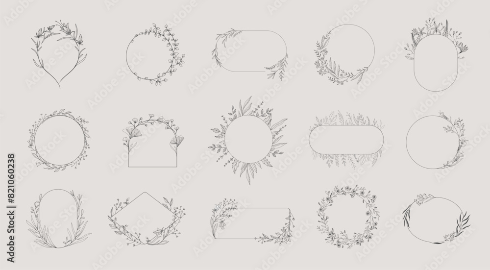 Botanic set of detailed various floral frame and wreath. Luxury vintage collection for wedding invitation, wallpaper art or save the date card. Botanical vector illustration Botanic set of detailed various floral frame and wreath. Luxury vintage collection for wedding invitation, wallpaper art or save the date card. Botanical vector illustration