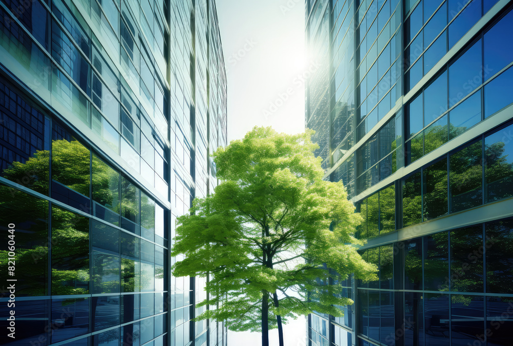 Lone Tree Surrounded by Modern Glass Buildings Lone Tree Surrounded by Modern Glass Buildings