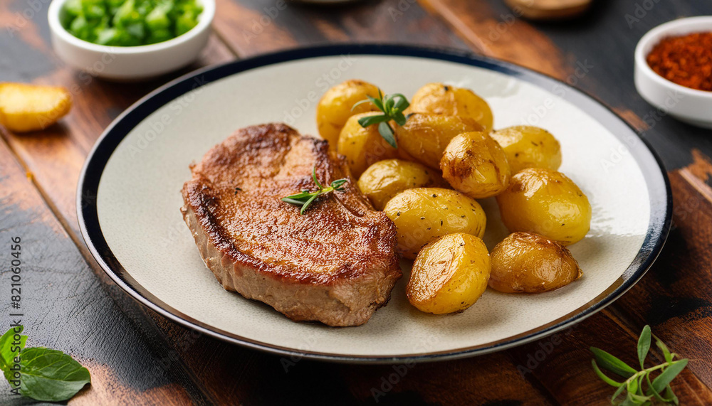 Grilled veal chops with roasted fingerling potatoes on plate. Tasty meat. Delicious restaurant dish Grilled veal chops with roasted fingerling potatoes on plate. Tasty meat. Delicious restaurant dish