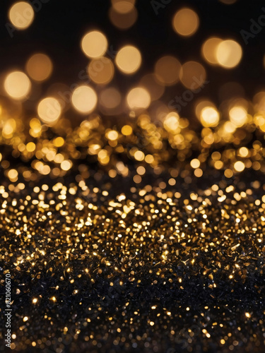 Gold and black abstract glitter lights backdrop, de-focused for banner