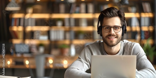 Young businessman in glasses with headphones watching webinar taking notes in office. Concept Business, Webinar, Office, Notes, Glasses, Headphones