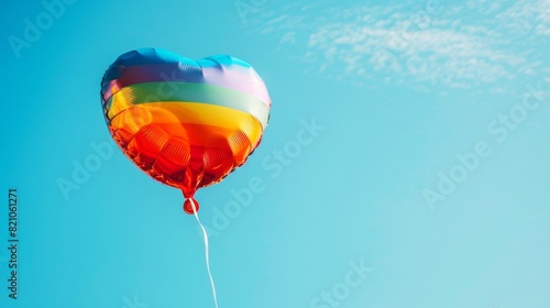 Colorful heart-shaped balloon floating against a clear sky. LGBTQ pride colors