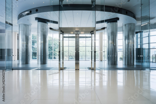 Modern Corporate Building Lobby with Glass Doors