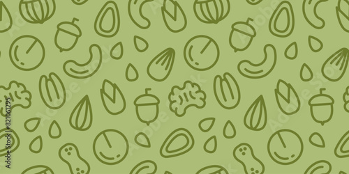 Nut seamless pattern with flat line icons. Green Seamless background with Nuts. Seamless pattern with nuts and seeds - almond, cashew, walnut, pecan, pistachio. Line art style.
