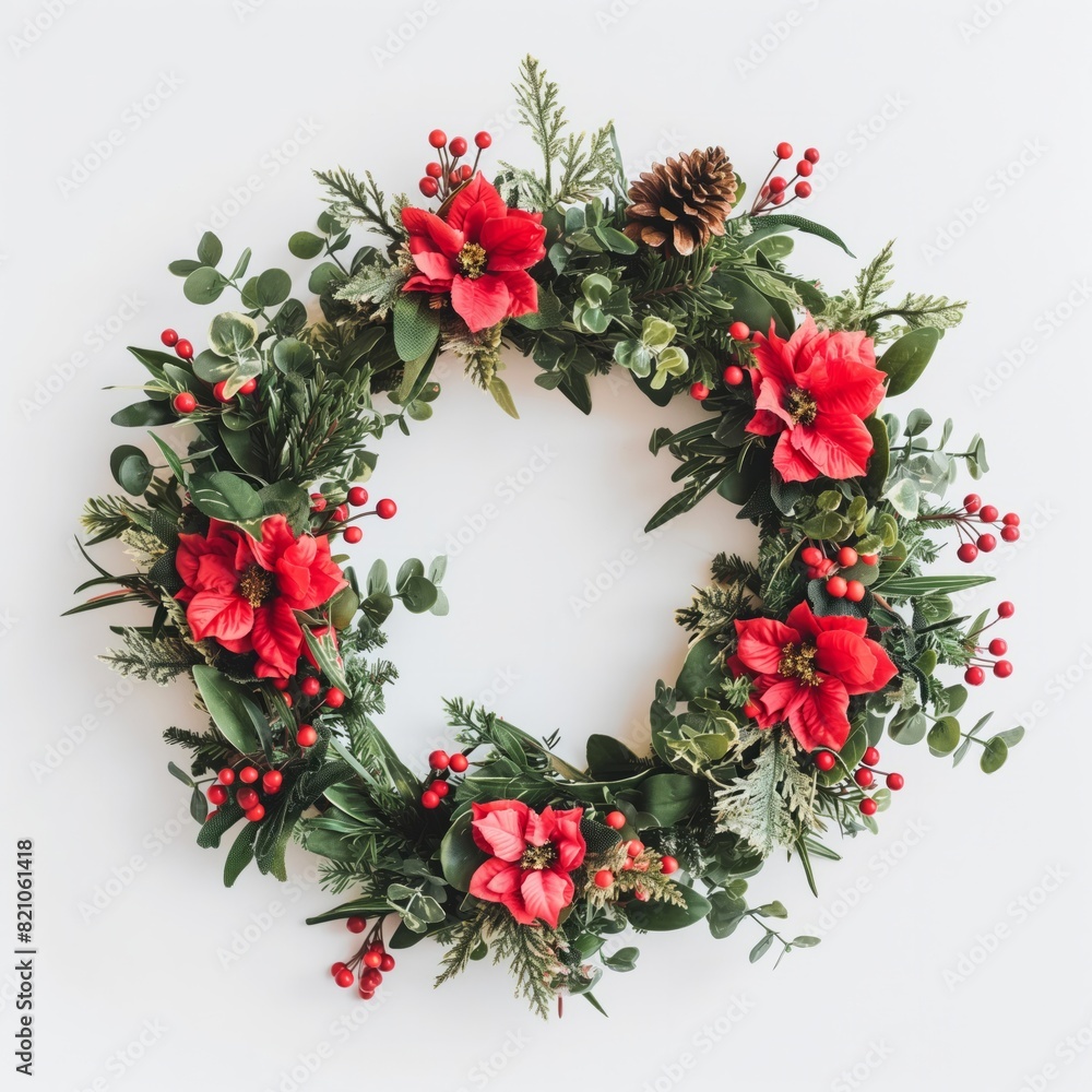 a christmas wreath on a white background, christmas concept, copy space, flat lay, top view a christmas wreath on a white background, christmas concept, copy space, flat lay, top view