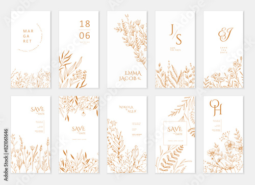 Set of floral invitation save the date card with detailed various flowers. Luxury vintage botanic template layout design, brochure or cover