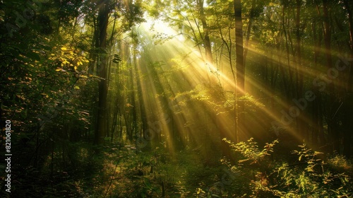 Beautiful forest panorama with bright sun shining through the trees