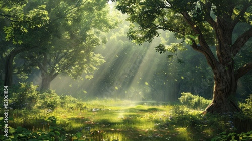 Beautiful forest panorama with bright sun shining through the trees