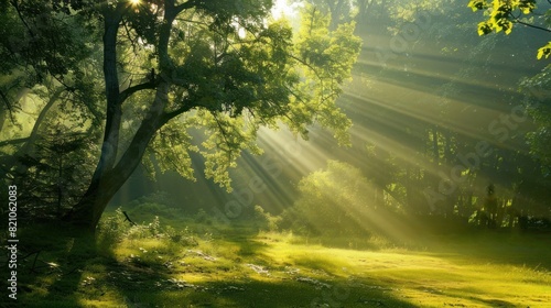 Beautiful forest panorama with bright sun shining through the trees