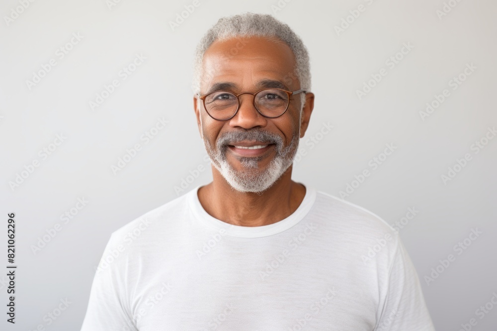 Portrait of a grinning afro-american man in his 80s with arms crossed while standing against minimalist or empty room background Portrait of a grinning afro-american man in his 80s with arms crossed while standing against minimalist or empty room background