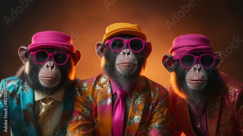 Trio of dressedup monkeys in funky outfits, copy space, humorous concept, surreal, Double exposure, colorful setting backdrop photo